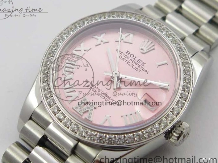 MiroTime 0402 Datejust 31mm 278275 SS Crystal Bezel BP Maker Best Edition Pink Roman Dial Crystal @6 on SS President Bracelet Contemporary 3082